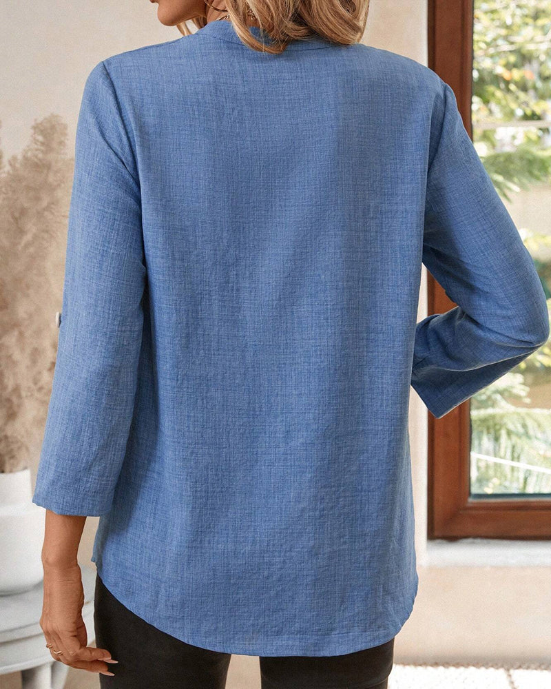V-Neck Solid Color Long Sleeve Pocket Shirt