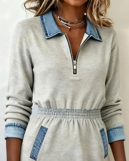 Zipper Lapel Denim Patchwork Dress