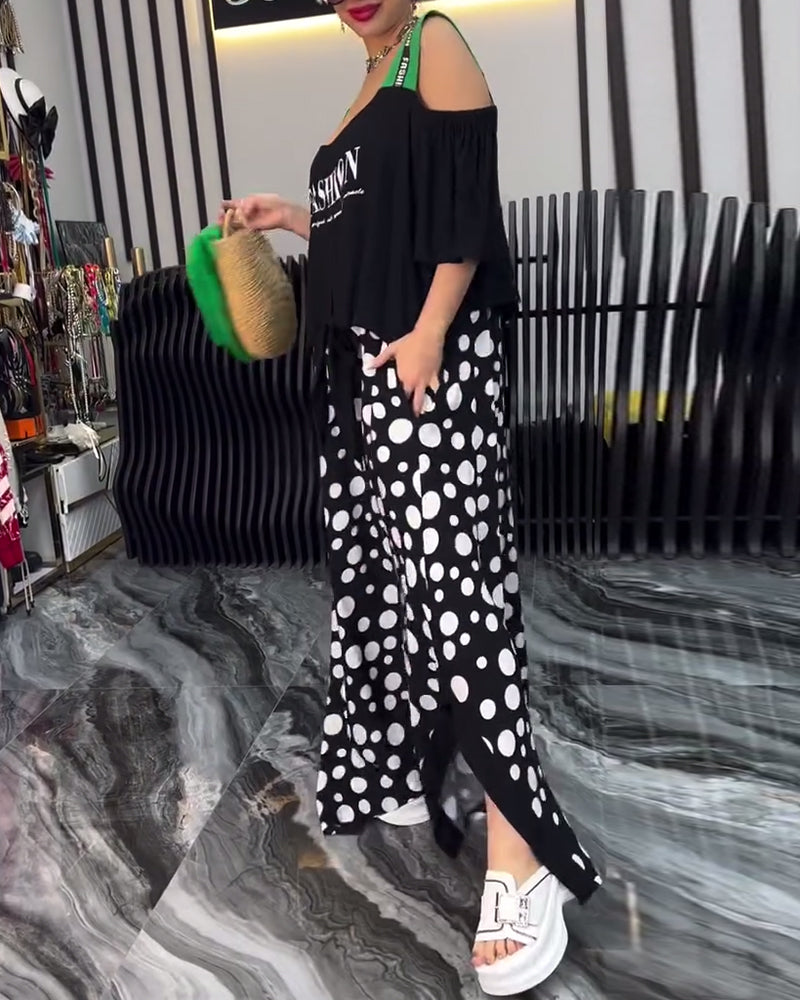 Lässiges Hosenträger-Patchworkkleid mit Punkten