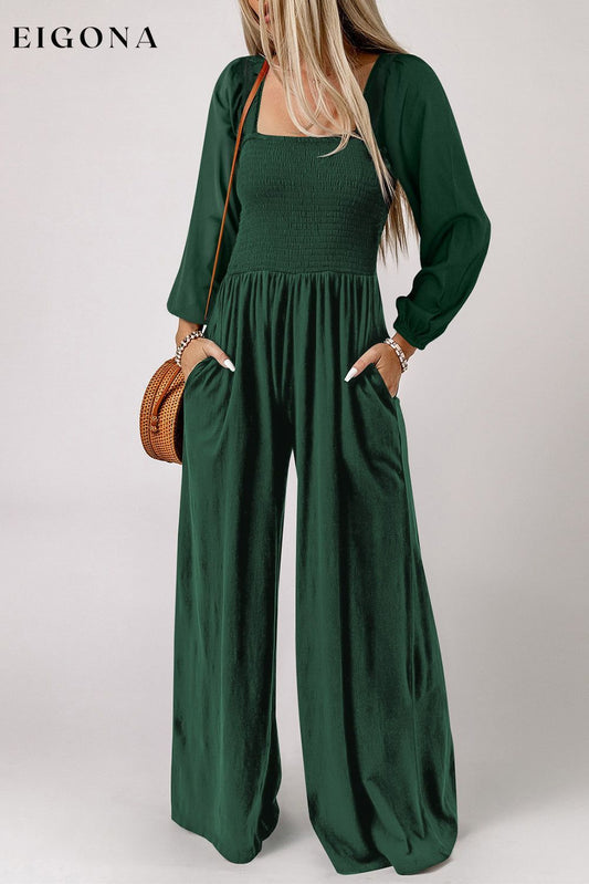 Green Smocked Square Neck Long Sleeve Wide Leg Jumpsuit Green 100%Polyester All In Stock Best Sellers clothes Craft Smocked Occasion Daily pants Print Solid Color Season Fall & Autumn Silhouette Wide Leg Style Southern Belle wide leg jumpsuit
