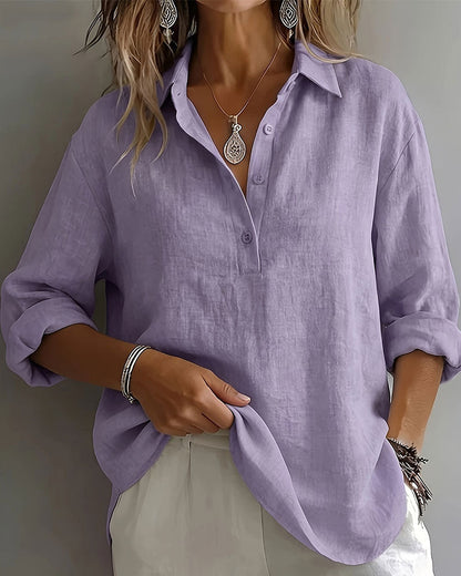 Solid Color Lapel Half-Placket Long Sleeve Blouse