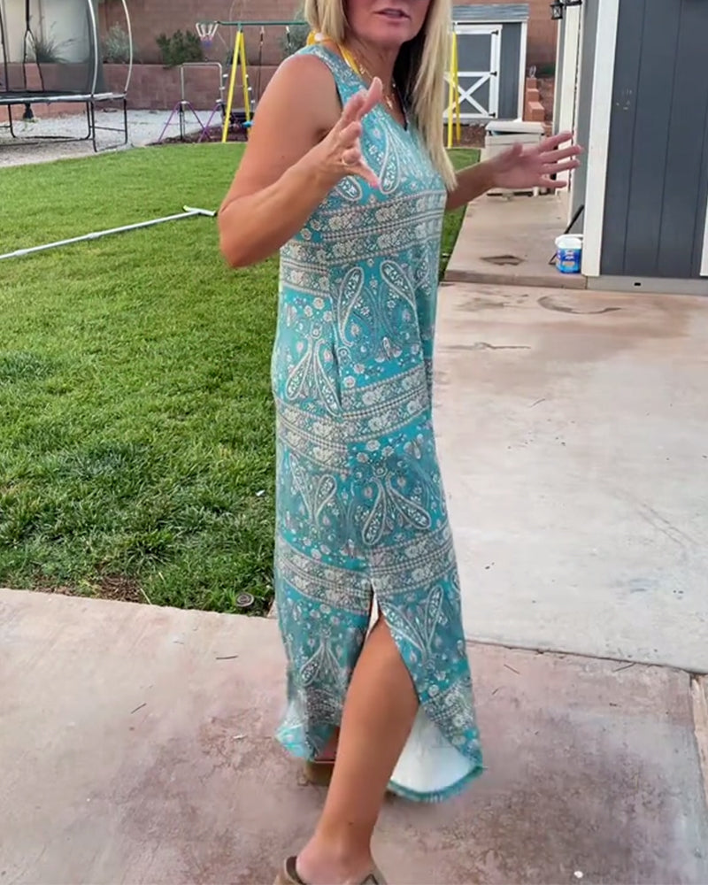 Ärmelloses Kleid mit V-Ausschnitt und Cashew-Blumen-Schlitz