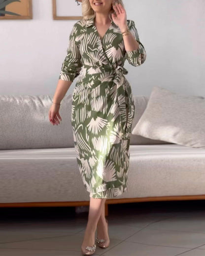 Elegant lapel lace-up printed dress casual dresses summer