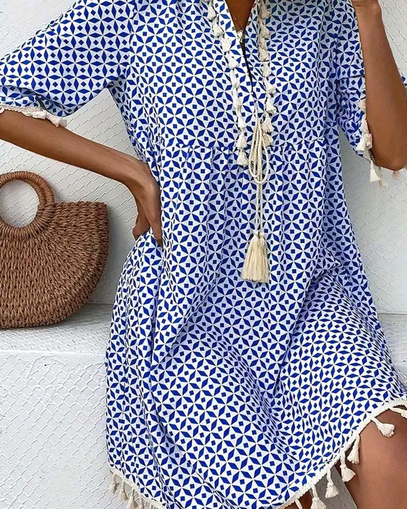 V-neck tassel print dress casual dresses summer