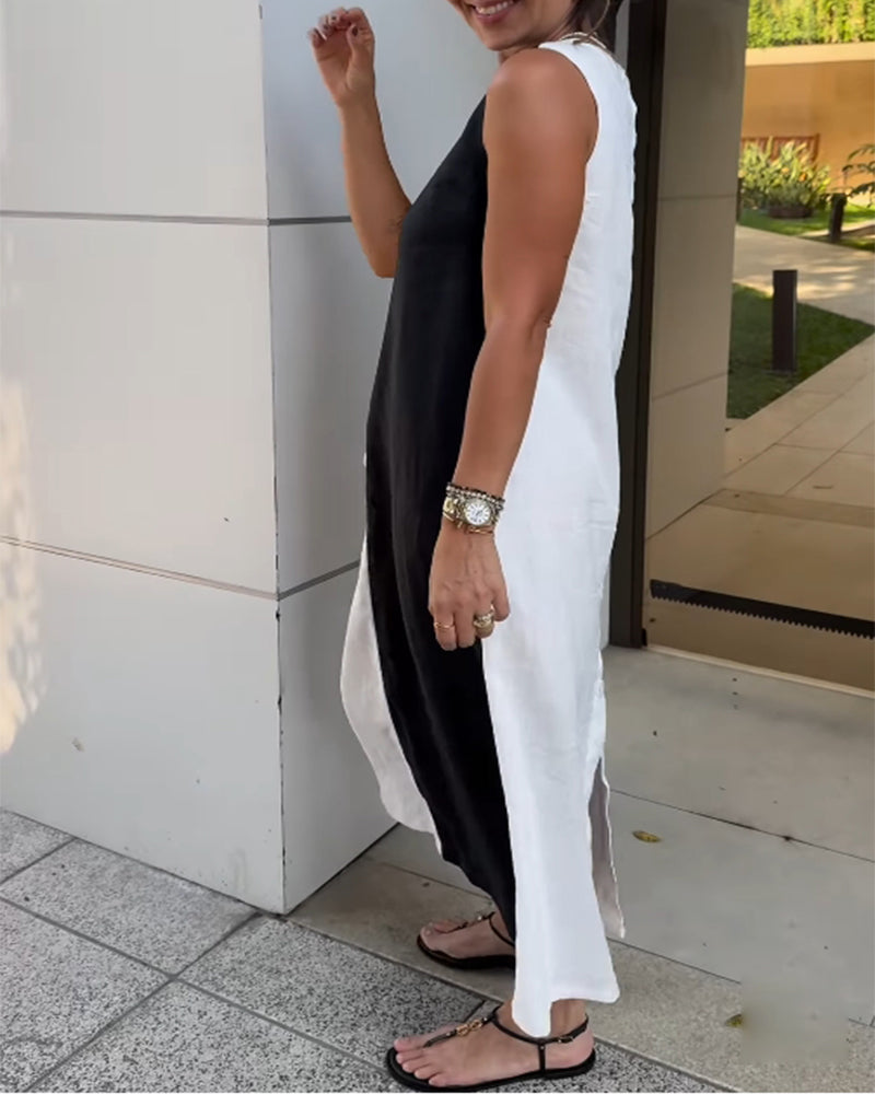 Ärmelloses Colorblock-Kleid aus Baumwolle und Leinen