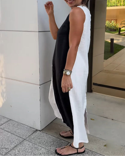 Ärmelloses Colorblock-Kleid aus Baumwolle und Leinen