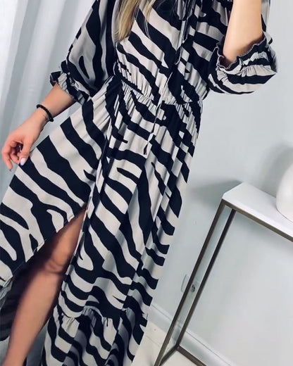 Contrast stripe print slit elegant dress casual dresses spring