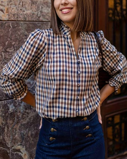 V-Neck Plaid Print Shirt