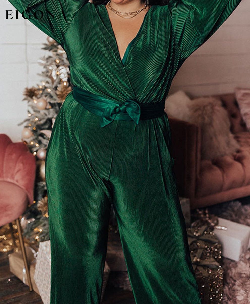Dark Green Plus Size Pleated Satin Belted V Neck Jumpsuit All In Stock clothes Color Green Day Christmas Jumper Jumpsuit Occasion Night Out Print Solid Color Rompers Season Fall & Autumn Silhouette Wide Leg Style Southern Belle
