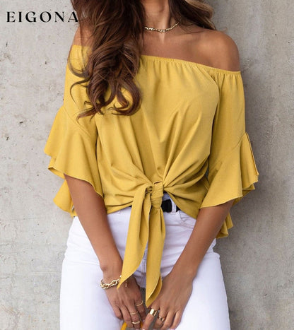 Off-Shoulder Tie Hem Blouse Banana Yellow clothes long sleeve top Ship From Overseas shirt shirts SYNZ tops trend