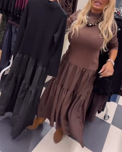 Paneled High-Neck Long-Sleeved Dress