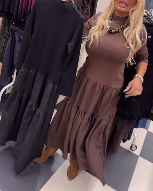 Paneled High-Neck Long-Sleeved Dress