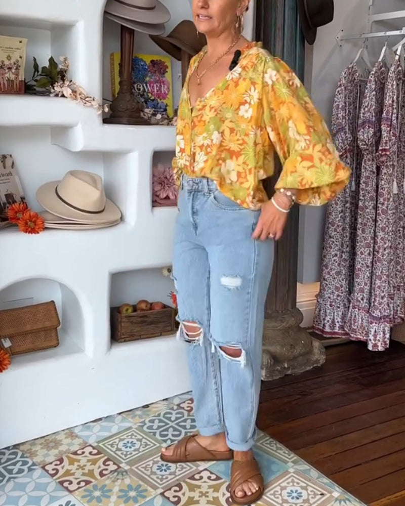 Bluse mit Blumendruck und V-Ausschnitt