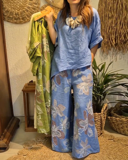 Cotton Linen T-Shirt Printed Wide-Leg Pants Set
