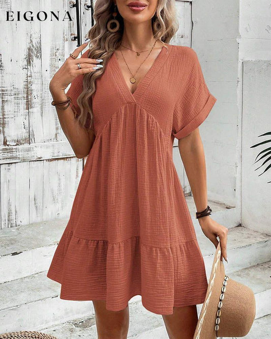 Short-sleeved patchwork V-neck solid color dress casual dresses summer