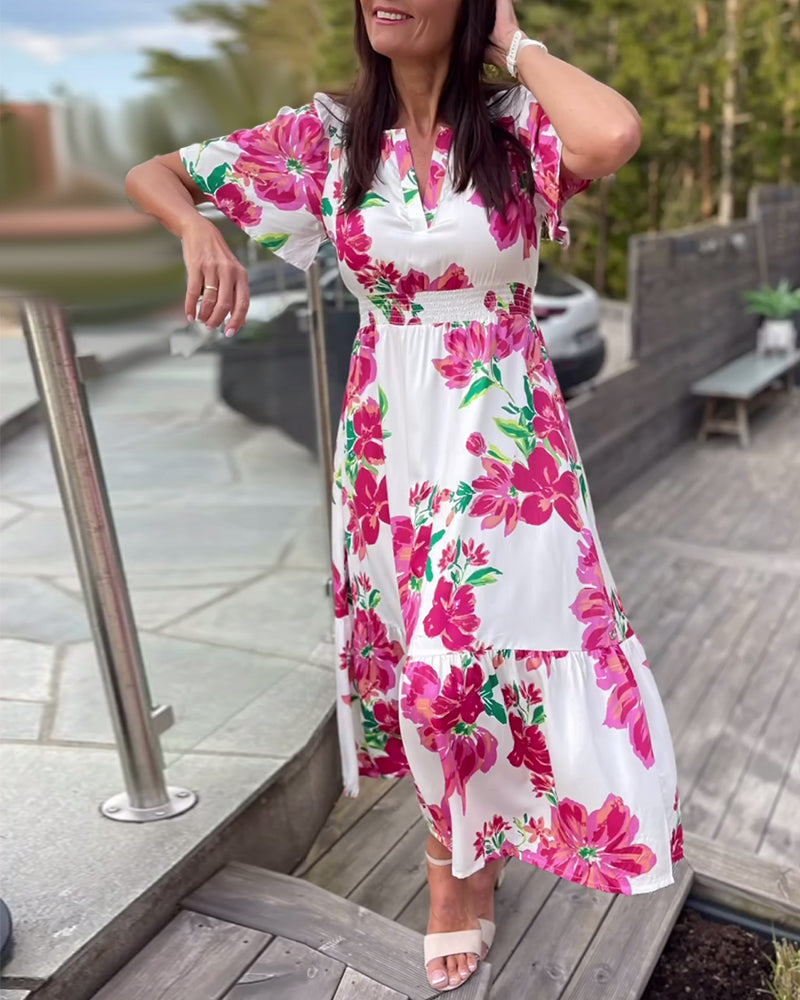 V-neck floral print waist dress casual dresses summer