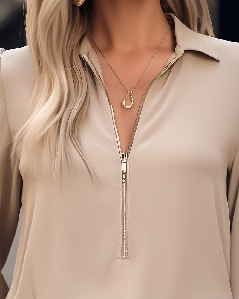 Half-zip Collar Lantern Sleeve Blouse