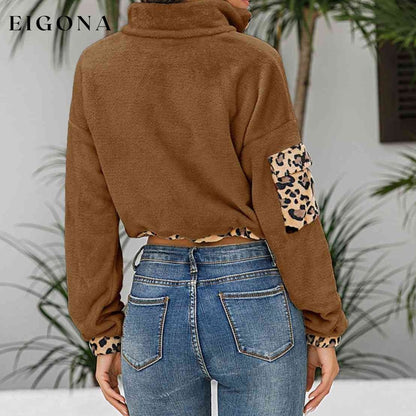 Leopard Half Zip Drawstring Cropped Sweatshirt clothes L@X@G Ship From Overseas