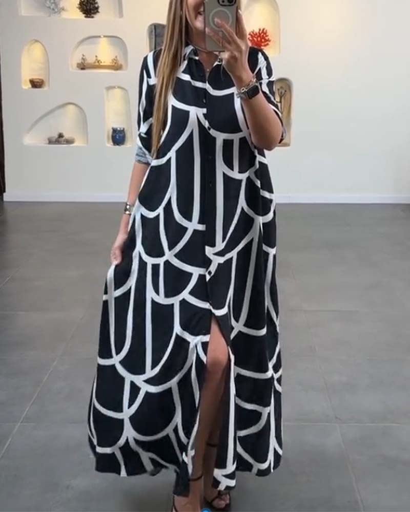 Contrast printed lapel long slit dress casual dresses spring summer