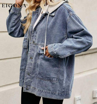 Drawstring Button Down Hooded Denim Jacket clothes Jackets & Coats M.F Ship From Overseas