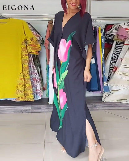 Floral print V-neck slit long dress casual dresses spring summer