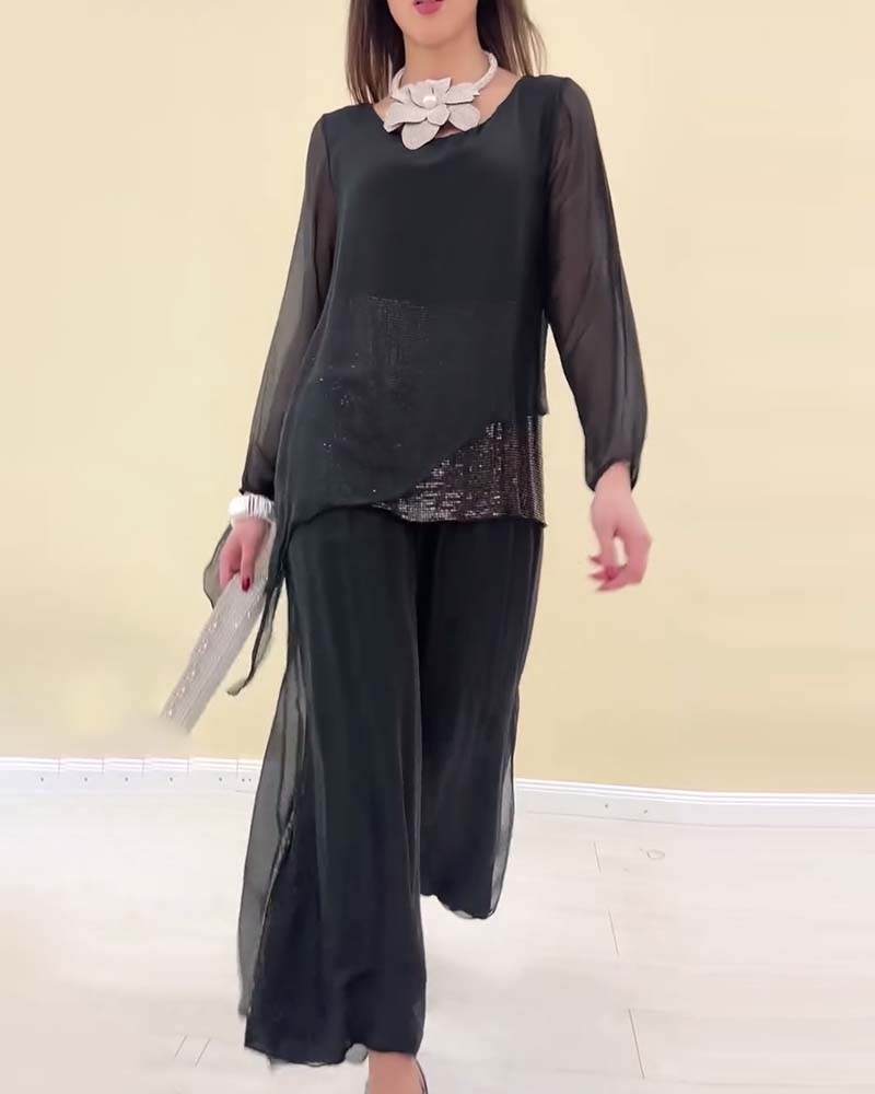 Langärmliger, einfarbiger Anzug mit Pailletten