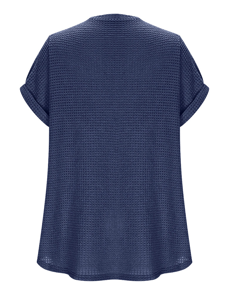 Women's Waffle Knit V-Neck Casual Summer T-shirt