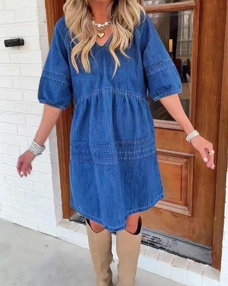 V-Neck Mid Sleeve Pleated Denim Babydoll Dress