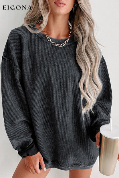 Round Neck Dropped Shoulder Washed Out Casual Sweatshirt Black clothes Ship From Overseas sweater sweaters SYNZ