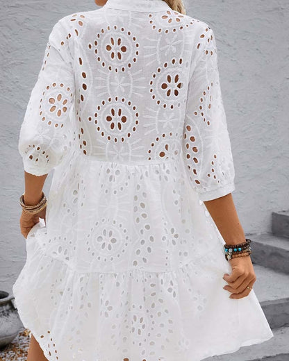 Hollow Out V-Neck Solid Color Ruffle Dress