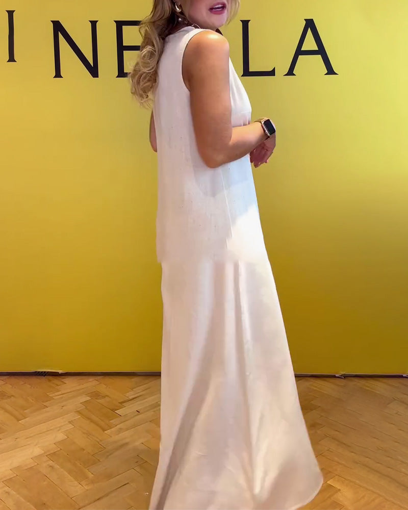 Ärmelloses, einfarbiges Kleid aus Baumwolle und Leinen