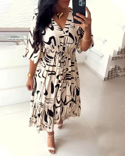 V-neck waist ink print dress casual dresses spring summer