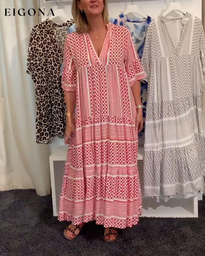 V-neck printed half-sleeve long dress Casual Dresses Spring Summer