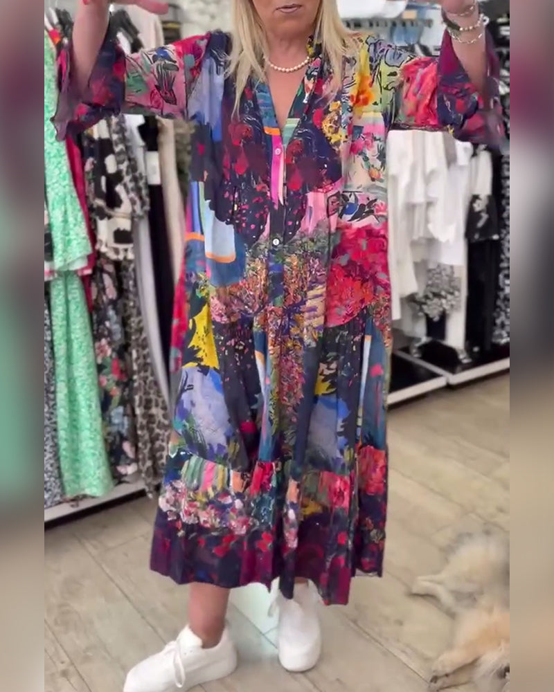 Trumpet Sleeve Loose Print Swing Dress