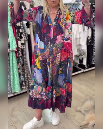 Trumpet Sleeve Loose Print Swing Dress