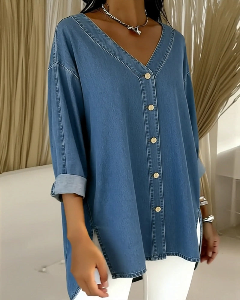 Button-Down V-Neck Denim Long-Sleeved Shirt