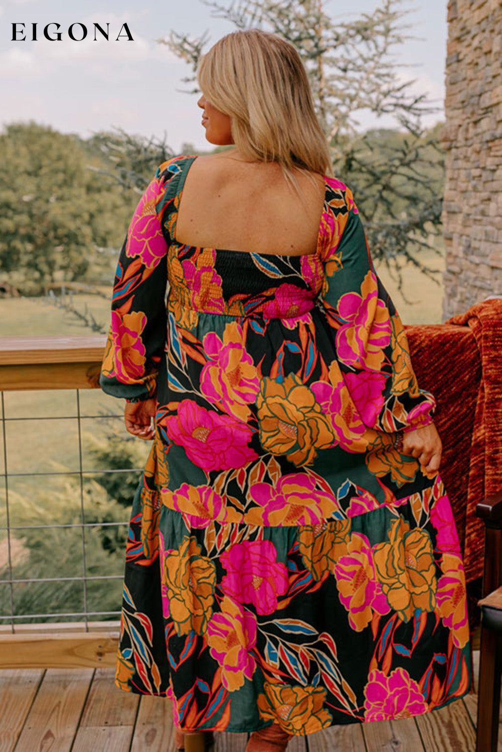 Multicolour Floral Print Square Neck High Waist Plus Size Dress casual dresses clothes Color Multicolor Color Orange Color Pink dress dresses long sleeve dress long sleeve dresses maxi dress midi dress midi dresses Occasion Daily Print Floral Season Spring Style Southern Belle