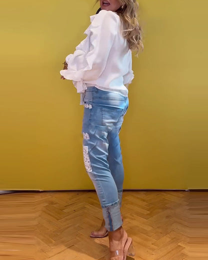 Französische Langarmbluse mit Rüschen