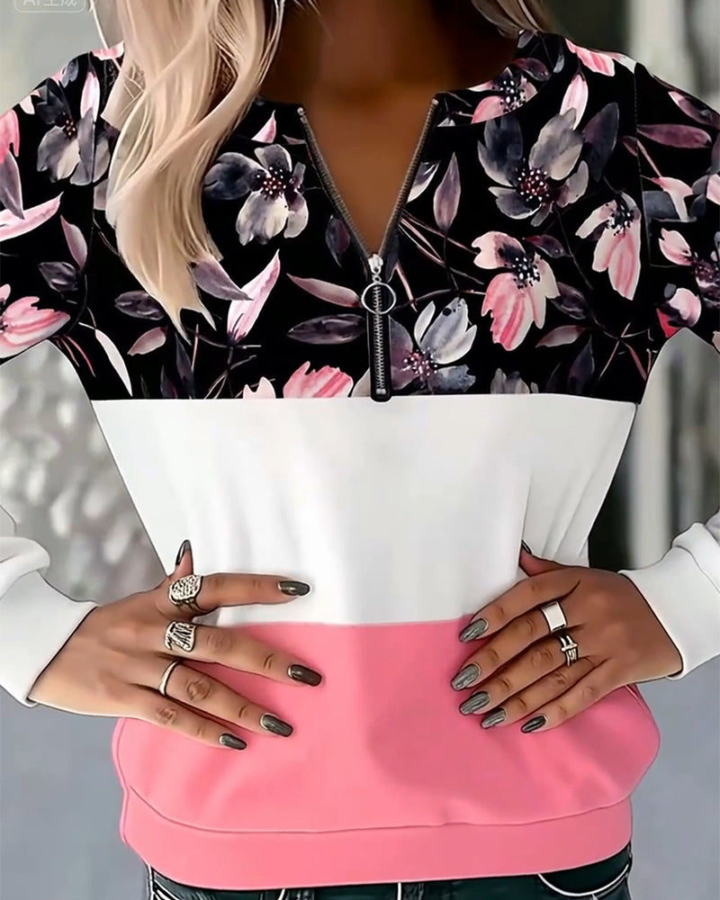 Sweatshirt mit halblangem Reißverschluss und Farbblockdesign mit Blumenmuster