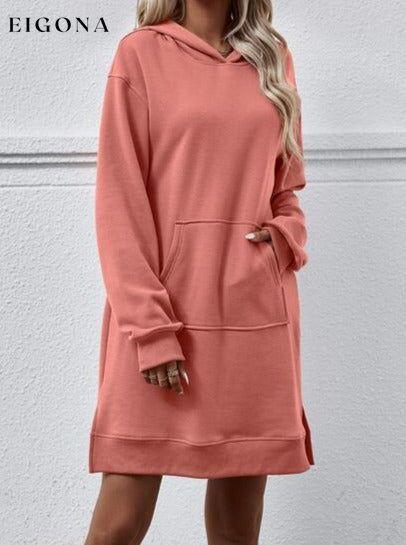 Slit Long Sleeve Hooded Dress with Pocket Blush Pink Changeable clothes Ship From Overseas