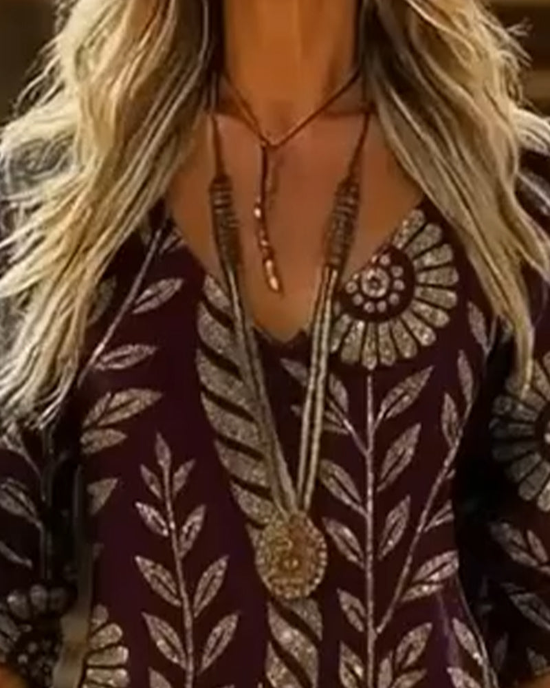 V-Neck Leaf Print Dress