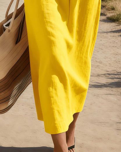 Pure Cotton Short-Sleeved V-Neck Straight Dress