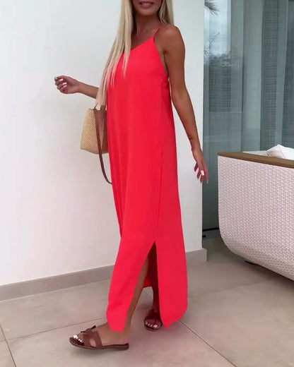 Sleeveless Strapless Solid Color Slit Dress