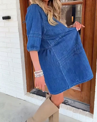 V-Neck Mid Sleeve Pleated Denim Babydoll Dress