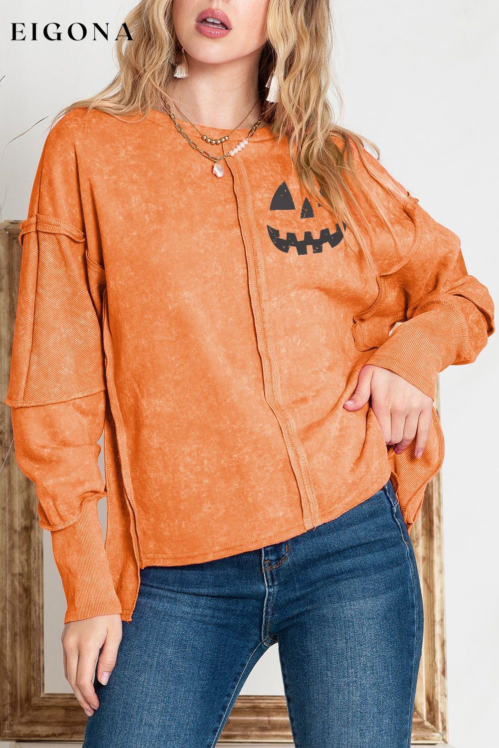Round Neck Long Sleeve Jack-O'-Lantern Graphic Blouse clothes Ship From Overseas SYNZ trend
