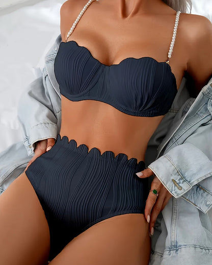 Pearl Strap Textured Scallop Trim Bowknot Bikini