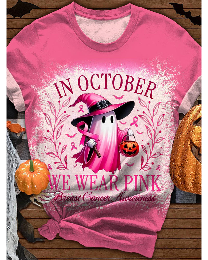 Women's october wear pink halloween retro breast cancer crew neck T-shirt 2024 f/w halloween spring summer t-shirts