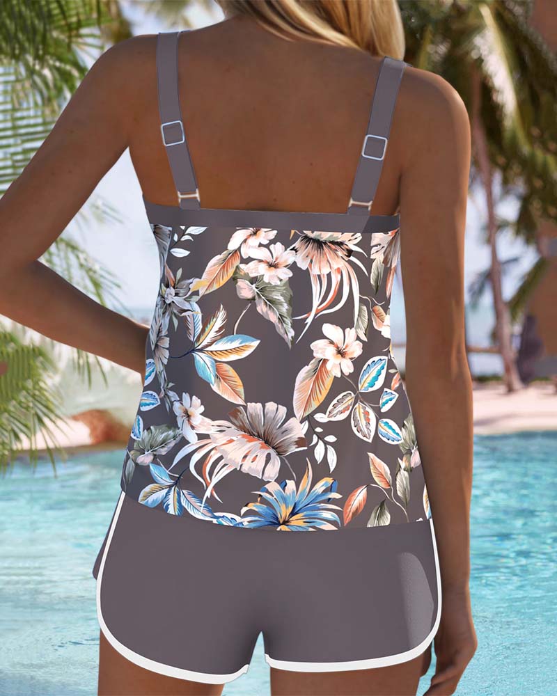 Ärmelloser Tankini mit U-Ausschnitt und Print