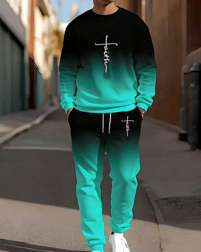 Men's Gradient Color Crewneck Tracksuit Set