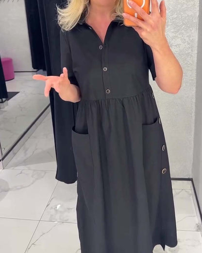 Black Collared Buttoned Waist-Cinching Dress